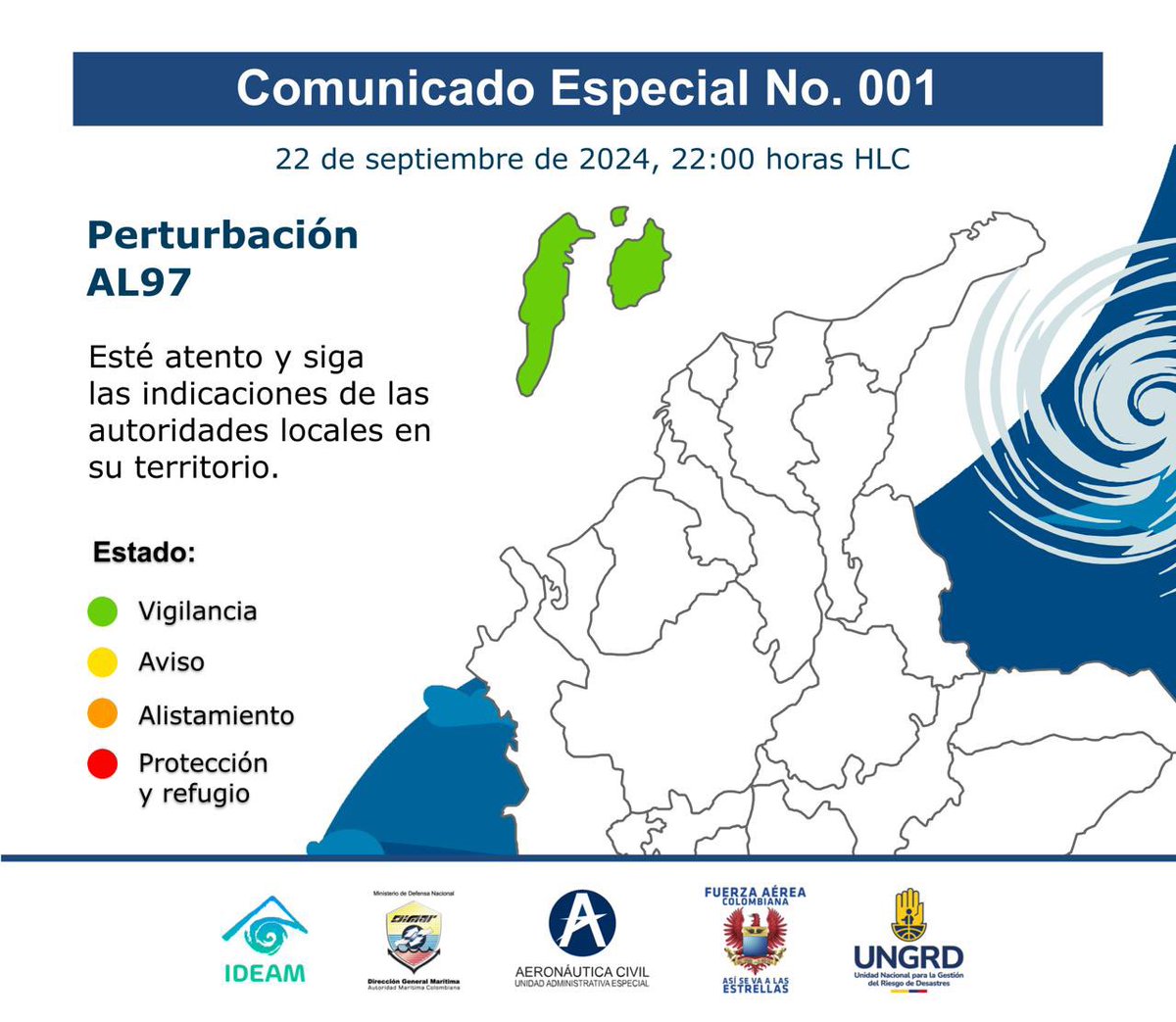 UNGRD's tweet photo. #TemporadaDeHuracanes 🌀|La perturbación AL97 en el occidente del mar Caribe tiene un 50% de probabilidad de desarrollo ciclónico en 48 horas y un 80% en 7 días. Se emite Alerta de Vigilancia 🟩 para #SanAndrés y #Providencia por lluvias y vientos fuertes. https://t.co/Cf3yuqdiIN