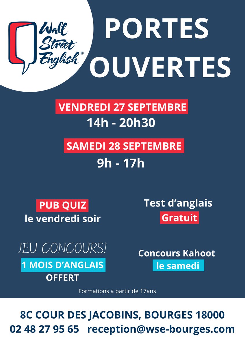 INFOPTIMUM's tweet photo. Portes ouvertes à WALL STREET ENGLISH Bourges : une immersion anglophone garantie !: Le centre de formation WALL STREET ENGLISH Bourges, située au 8C Cour des Jacobins, vous invite à ses Portes Ouvertes les vendredi 27 septembre de 14h à 20h30 et samedi… https://t.co/pcD9OetyJm https://t.co/9iUHOHwhB4