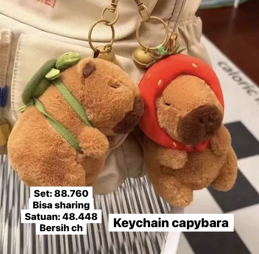 aerahea's tweet photo. •OPEN KEYCHAIN CAPPYBARA•

•Cappybara: 33.080,-
•Cappybara (kura-kura/stroberi): 
~Satuan: 48.448,-
~Set (bisa sharing): 88.760,-
~Bersih ch

❌TAX AND PACKING INA

#keychain #cappybara https://t.co/si8tV9Dwd9