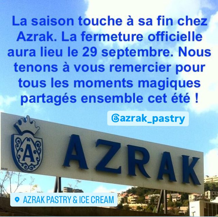 OD5RI's tweet photo. La saison touche à sa fin chez Azrak. La fermeture officielle aura lieu le 29 septembre. Nous tenons à vous remercier pour tous les moments magiques partagés ensemble cet été !
#FinDeSaison #Azrak #Merci #ATrèsBientôt #Azrakicecream #Azrakpastry #livelovelebanon #baabdat https://t.co/5YsvVCatFf