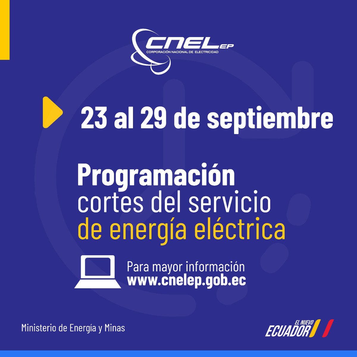 🚨 ATENCIÓN | Consulta los horarios y sectores de las 11 Unidades de Negocio de #CNELEP que tendrán interrupción del servicio eléctrico durante la semana del lunes 23 al domingo 29 de septiembre de 2024.

Horarios por Unidades de Negocio aquí: 
1.Bolívar: bit.ly/3ZyDTWR