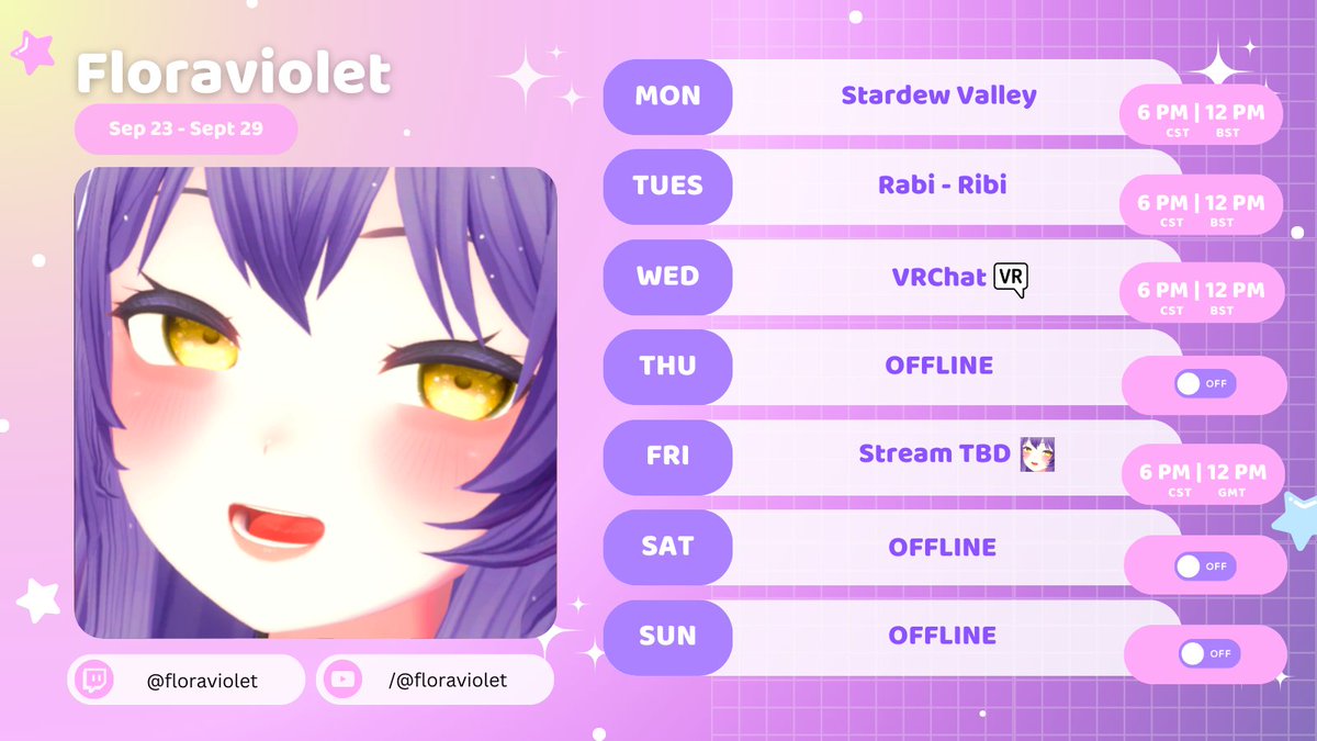 _floraviolet's tweet photo. Flora Stream Schedule: Sept 23 - 29 https://t.co/Py51iLERBU