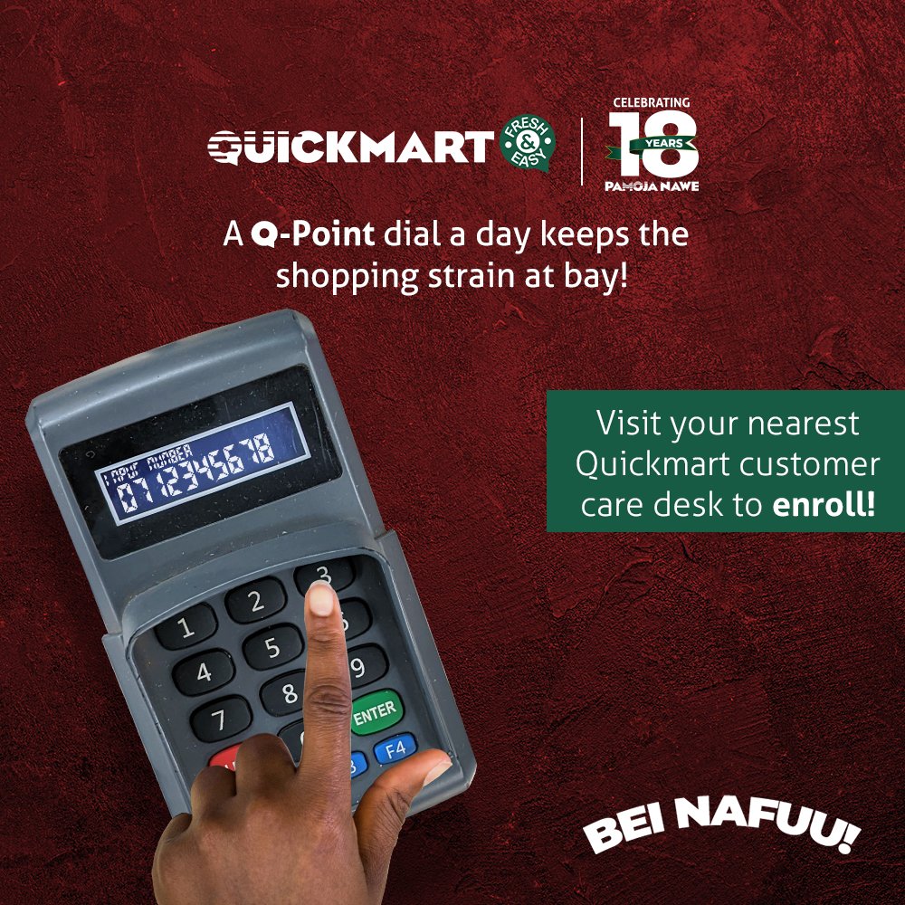 QuickmartKenya's tweet photo. Always remember to input your phone number at the tills when shopping to start earning Q-Points! Havenโt registered yet? No worriesโhead to our customer care desk today and sign up.
#Qpoints
#18YearsPamojaNawe
#18YearAnnivesary
#BeiNafuu
#FreshAndEasy https://t.co/cR6bJJ3PYE