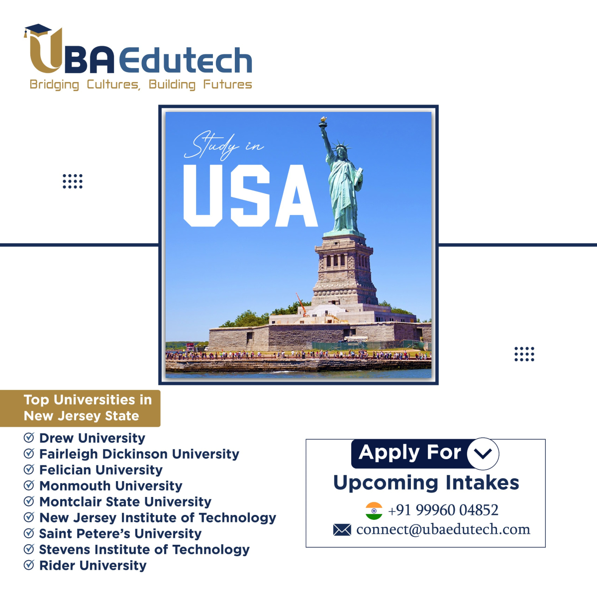 ubaedutech's tweet photo. 🎓Study in the USA at top universities in New Jersey! 
 Explore options like Drew University, NJIT, Stevens Institute of Technology, and more. Apply now for upcoming intakes with UBA Edutech! 🚀

#StudyInUSA #UBAEdutech #NewJerseyUniversities #uba #studyabroadconsultant https://t.co/JbeOzorDbA
