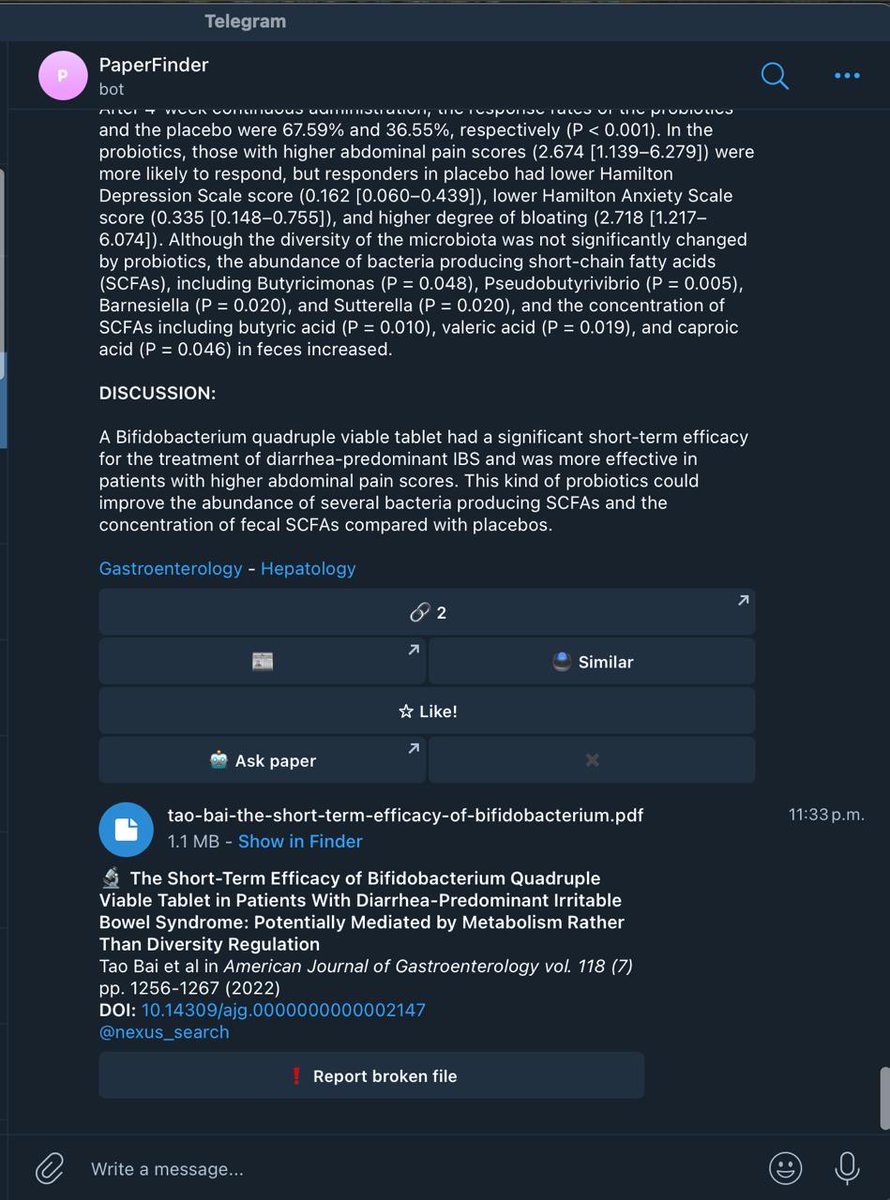PaperFinder
Les presento “PAPER FINDER”, un bot en Telegram que funciona similar a Scihub, sólo que aquí extrae los PDFs de una comunidad de investigadores que comparten los PDFs de sus bibliotecas en el chat “Nexus_Aron”. 
Me ha funcionado en 7 de cada 10 DOI solicitados.