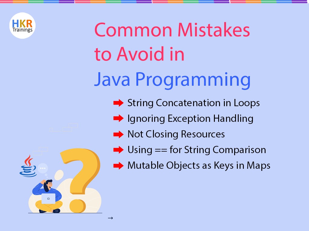 hkrtraining's tweet image. Avoid Java mistakes like neglecting exception handling, mismanaging resources, using wrong data types, ignoring naming conventions, and lack of comments.
#JavaProgramming #CodingMistakes #SoftwareDevelopment #BestPractices #ExceptionHandling #ProgrammingTips #hkrtrainings