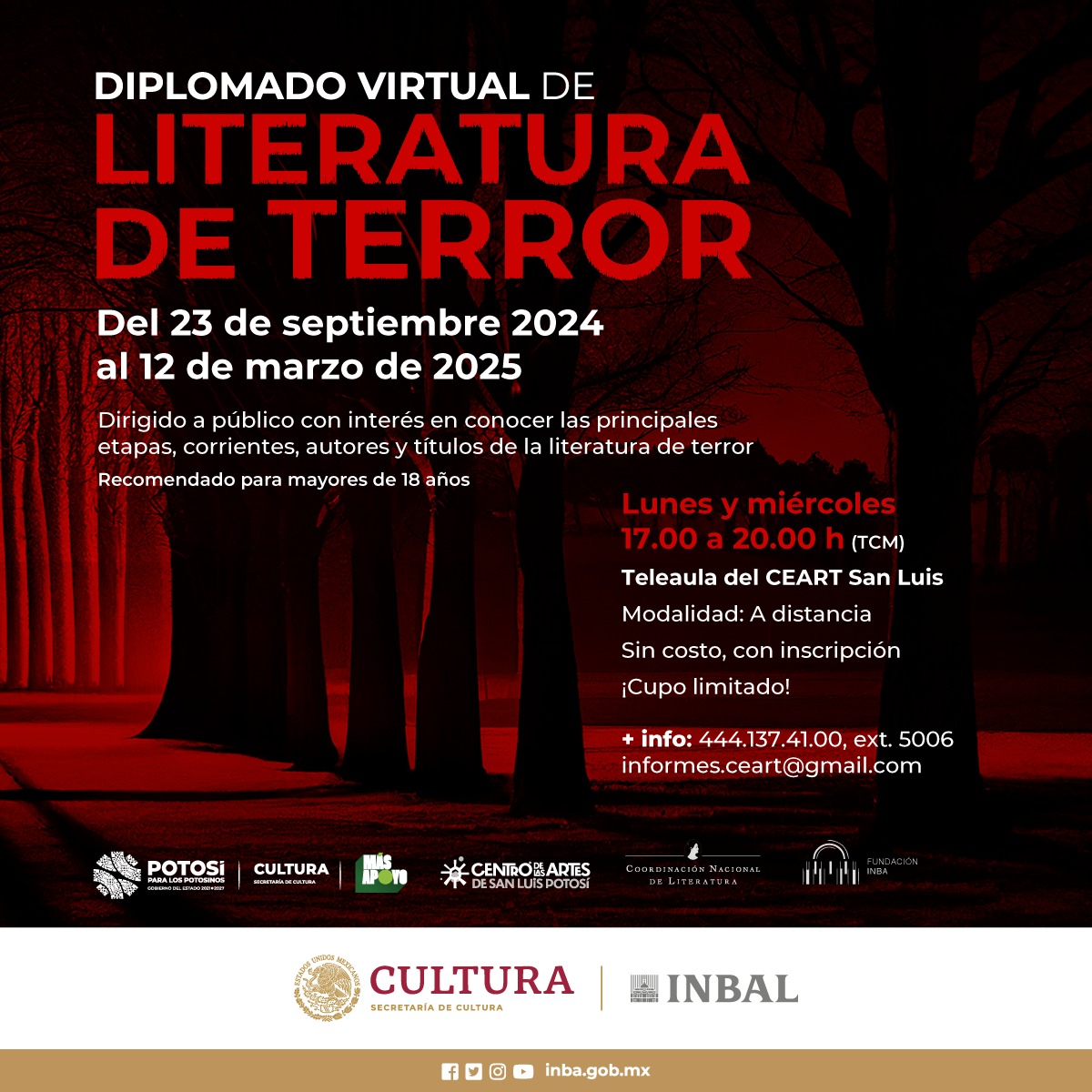 CEARTSLP's tweet photo. #CeartSLP
Gratuito y dirigido al público en general.
Invitamos al Diplomado Virtual "Literatura de TERROR".
Del 23 de septiembre de 2024 al 12 de marzo de 2025. https://t.co/k0dwwu7sUu