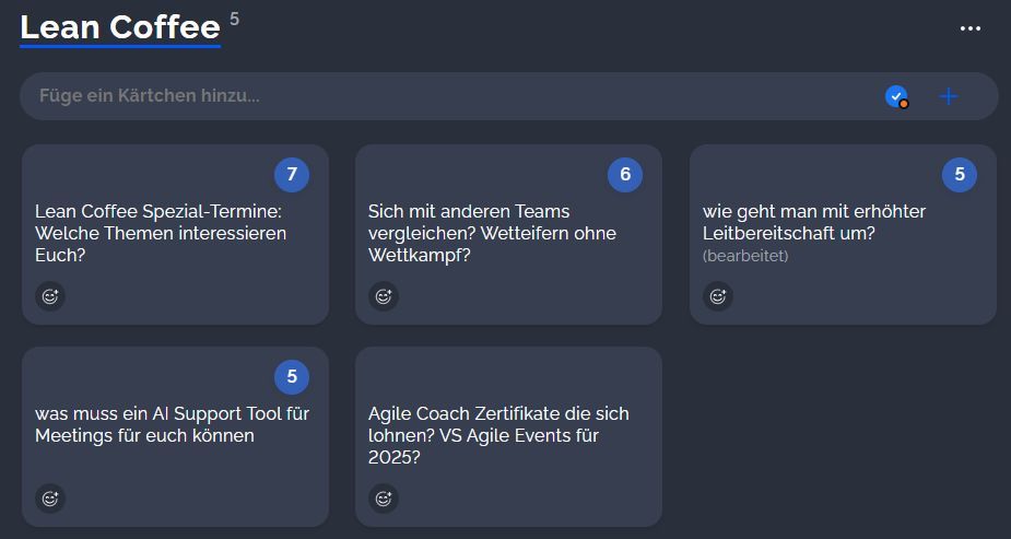 𝓤𝓹𝓭𝓪𝓽𝓮 𝓪𝓾𝓼 𝓭𝓮𝓶 𝓚𝓪𝓻𝓵𝓼𝓻𝓾𝓱𝓮𝓻 𝓾𝓷𝓭 𝓕𝓻𝓪𝓷𝓴𝓯𝓾𝓻𝓽𝓮𝓻 𝓞𝓷𝓵𝓲𝓷𝓮 𝓛𝓮𝓪𝓷𝓒𝓸𝓯𝓯𝓮𝓮 𝓝𝓻. 168. 
LinkedIn → buff.ly/3XQIdQ8 
- Lean Coffee Spezial-Termine: Welche Themen interessieren Euch?
- Sich mit anderen Teams vergleichen? ...
#LeanCoffee