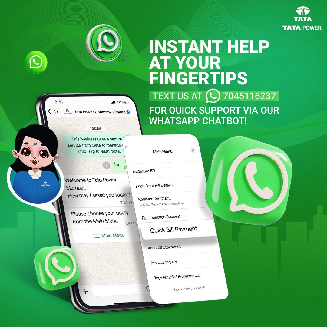 TataPower's tweet image. Experience seamless support with Tata Power! Our WhatsApp Chatbot is here to assist you with a range of services right at your fingertips.

Drop your query now at 7045116237 for instant resolutions! 

#EfficientService #CustomerSupport