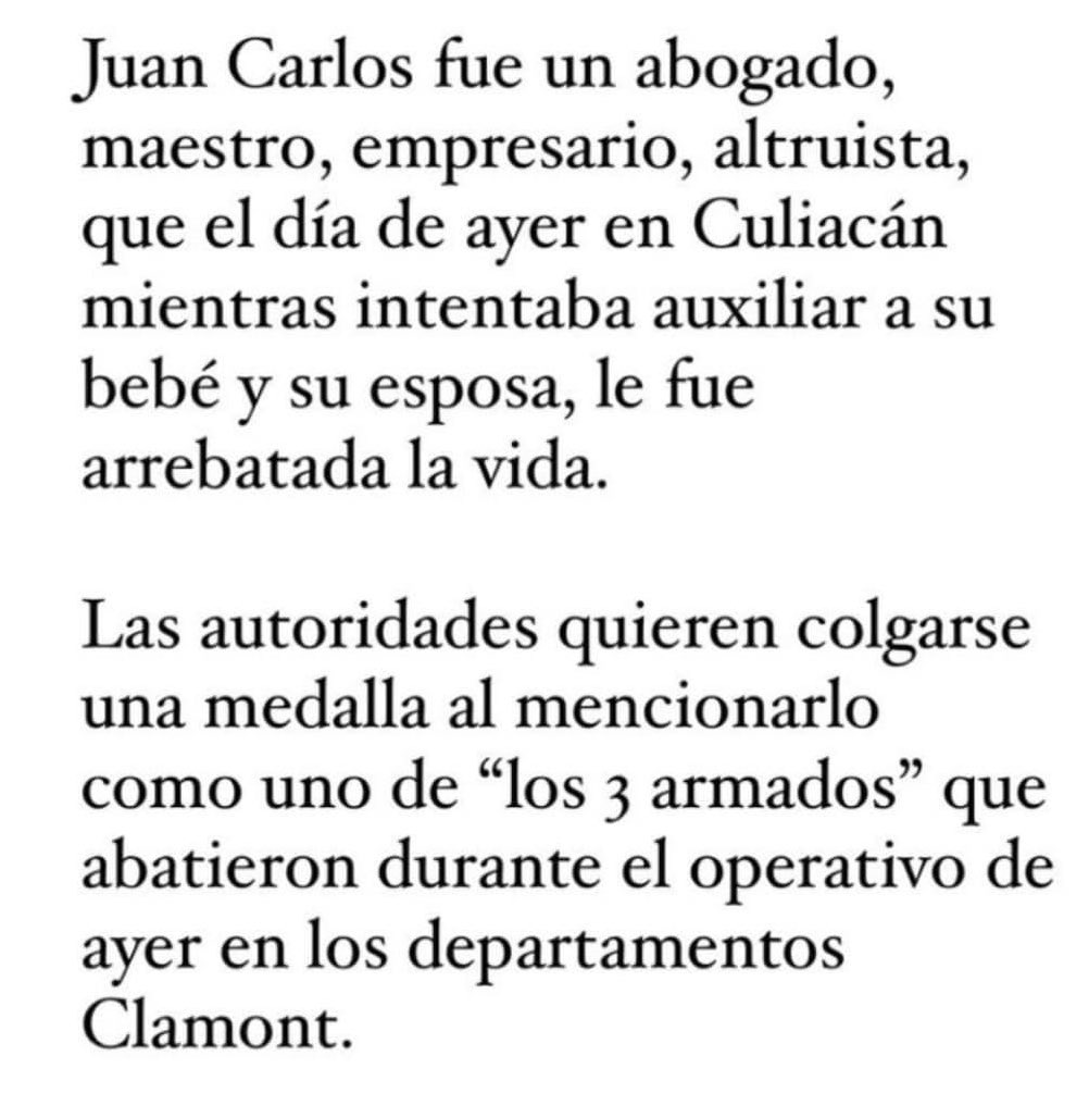 Hoy me enteré que uno de los “3 de los civiles agresores” (como dijo <a href="/rochamoya_/">Rubén Rocha Moya</a> ) muerto ayer en Tres Ríos, #Culiacán, era Juan Carlos Sánchez. Me tocó conocerlo y convivir con él. Siempre estaba feliz. No tenía nada que ver. 

En la segunda foto, su esposa y su bebé.