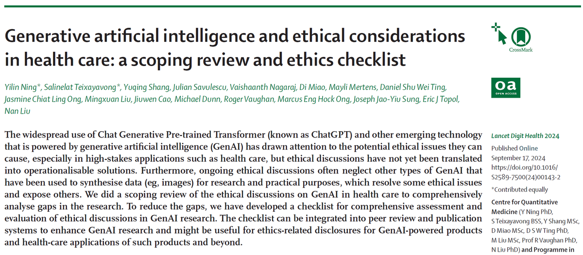 nliulab's tweet image. The widespread use of #GenAI technologies (e.g. #ChatGPT) has drawn attention to potential #ethical issues. We developed Transparent Reporting of Ethics for Generative AI (#TREGAI) checklist for thorough assessment of ethical considerations in #GenAI research.
#AI @LancetDigitalH
