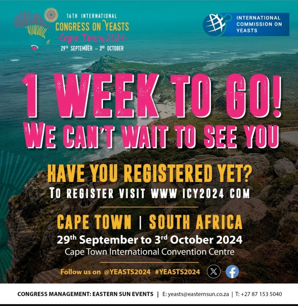 1 week to go!! I will present a poster at ICY16 in Cape Town about the adaptation of the Saccharomyces 'boulardii' probiotic yeast in the gastrointestinal tract. Join me for an interesting conversation during the poster session on 30th September! 🙂
@YEASTS2024 #CapeTown #GoPack