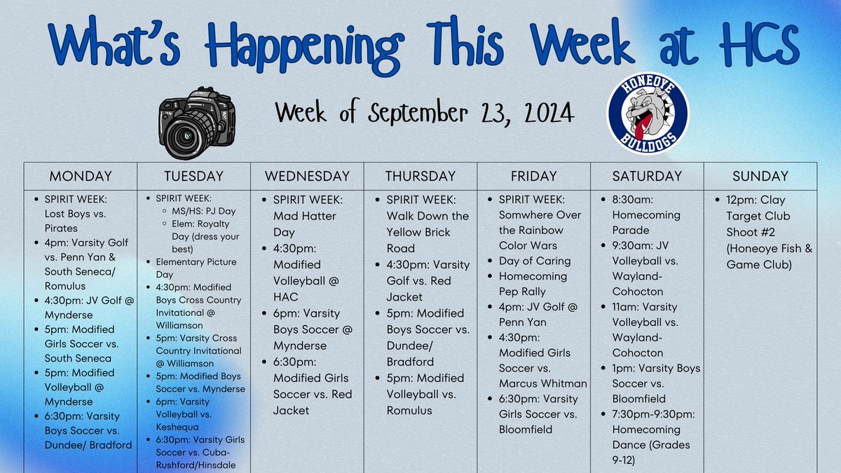 What's going on this week at HCS! Remember, you can find the most updated information at honeoye.org. #HoneoyeProud 🐾🔵⚪️