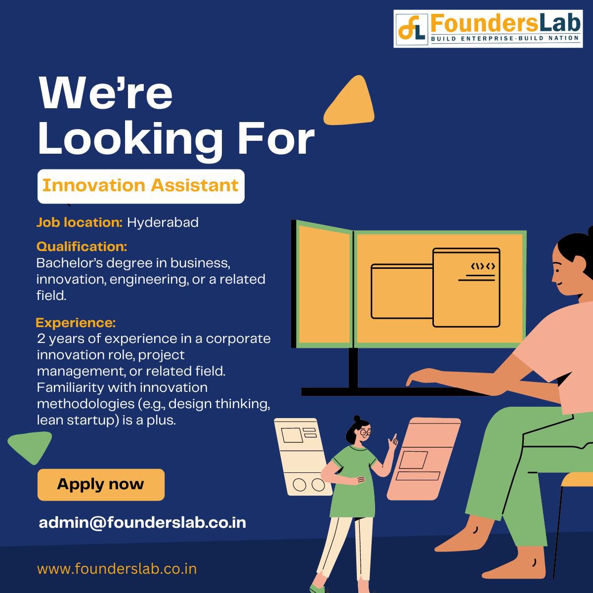 Founders Lab (@founderslabind) on Twitter photo We are looking for people with extraordinary presentation and documentation skills to apply .
๐Write to : admin@founserslab.co.in
๐Salary range: 2.4 LPA to 3.6 LPA We are looking for people with extraordinary presentation and documentation skills to apply .
๐Write to : admin@founserslab.co.in
๐Salary range: 2.4 LPA to 3.6 LPA
