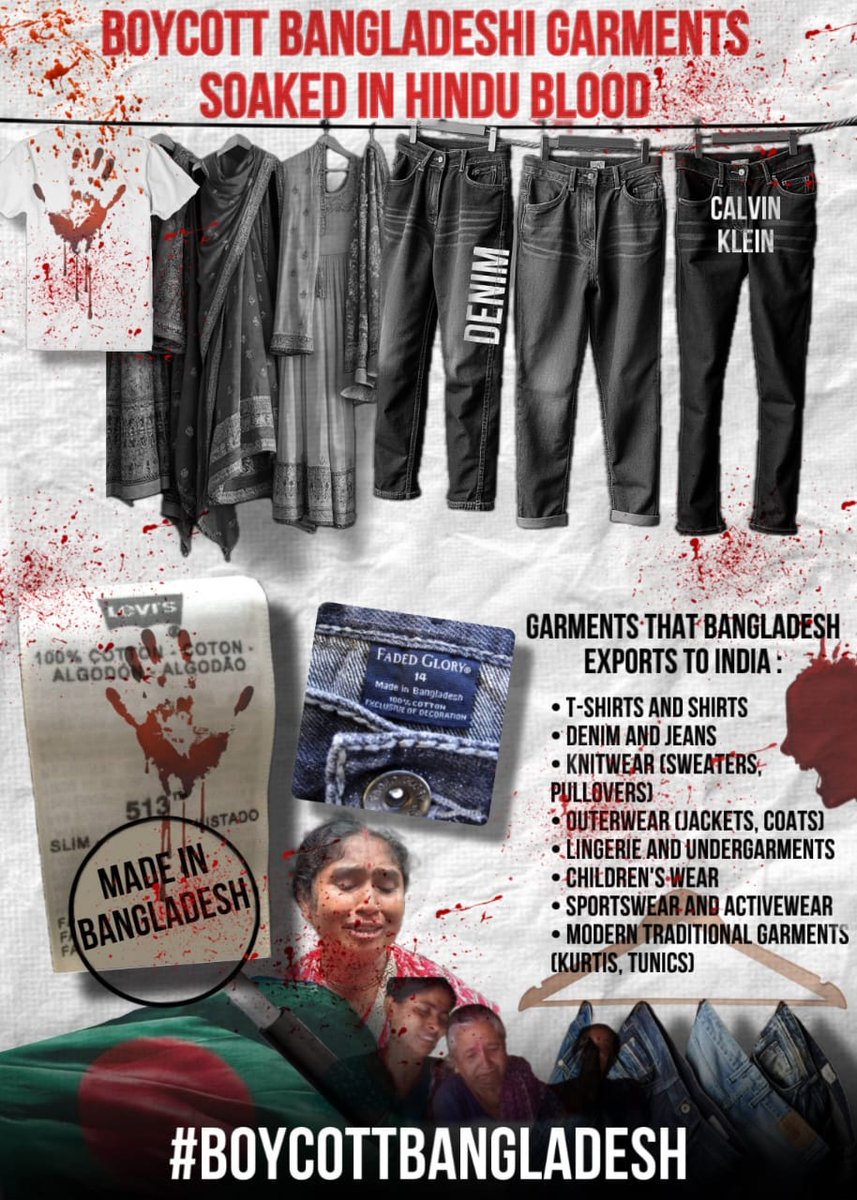 HinduVoice_in's tweet photo. Let's Boycott Bangladeshi garments.
If you see ‘Made in Bangladesh’ tag, don't buy them.
They are soaked in blood of the Hindu minorities.
They are #BloodClothes.
#BoycottBangladeshiClothes
#BloodClothes
#BoycottBangladesh https://t.co/Ng6irTTk9i