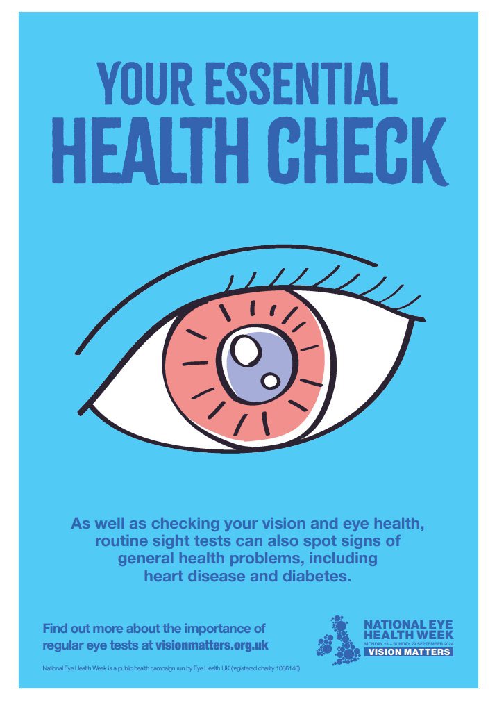 As we start National Eye Health Week can we remind you of the importance of regular eye checks even if you can see ok #VisionMatters #EyeHealth