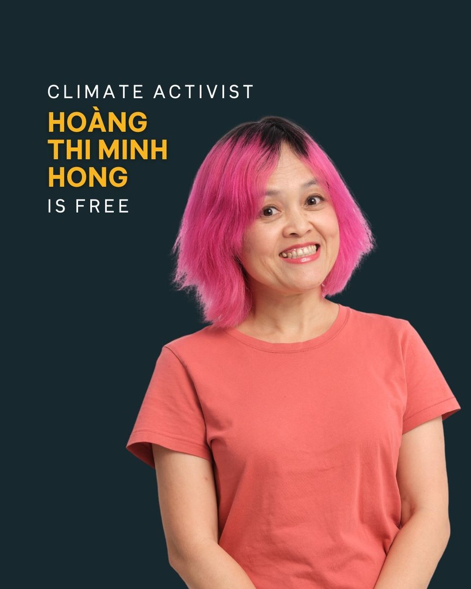 350_asia's tweet photo. Vietnamese climate defender Hoàng Thị Minh Hồng has been released after a year in prison. Over 9,200 people from 55 countries stood in solidarity, calling for her freedom.
Together, we cannot be silenced. #FreeHong #ClimateJustice #ClimateDefenders #ActOnClimate https://t.co/x5GuLtLCJS