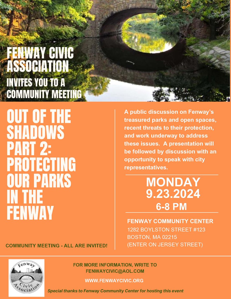 Fenway Civic (@fenwaycivic) on Twitter photo Come join us tonight for a discussion on parks protections in #Fenway - 6 pm at <a href="/FenwayCommunity/">Fenway Community Center</a> Center! Come join us tonight for a discussion on parks protections in #Fenway - 6 pm at <a href="/FenwayCommunity/">Fenway Community Center</a> Center!