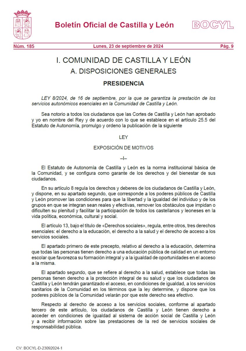 cescyl's tweet image. 🗓️23 sep 2024 en @BOCYL_ #derechos #ciudadanía #AsistenciaSanitaria, #educación y #ServiciosSociales

✅ #LEY que garantiza la #prestación de los #servicios #autonómicos #esenciales en #CastillayLeón

➡️BOCYL bocyl.jcyl.es/boletines/2024…