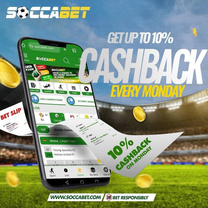 Get up to 10% cashback every Monday on soccabet #CashbackWithSoccabet