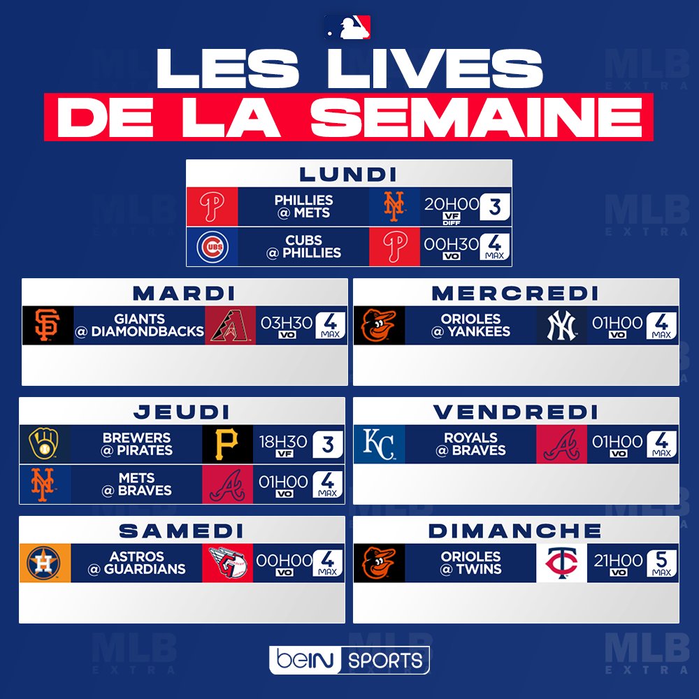 MLBextra (@mlbextra) on Twitter photo ⚾️ #MLBextra
🚨 Voici le programme des matchs diffusés du 23 au 29 Septembre sur <a href="/beinsports_FR/">beIN SPORTS</a> (sous réserve de modifications) !
🎙️Matchs en VF :
- Phillies @ Mets lundi 23/09 (différé)
- Brewers @ Pirates jeudi 26/09 (live) ⚾️ #MLBextra
🚨 Voici le programme des matchs diffusés du 23 au 29 Septembre sur <a href="/beinsports_FR/">beIN SPORTS</a> (sous réserve de modifications) !
🎙️Matchs en VF :
- Phillies @ Mets lundi 23/09 (différé)
- Brewers @ Pirates jeudi 26/09 (live)