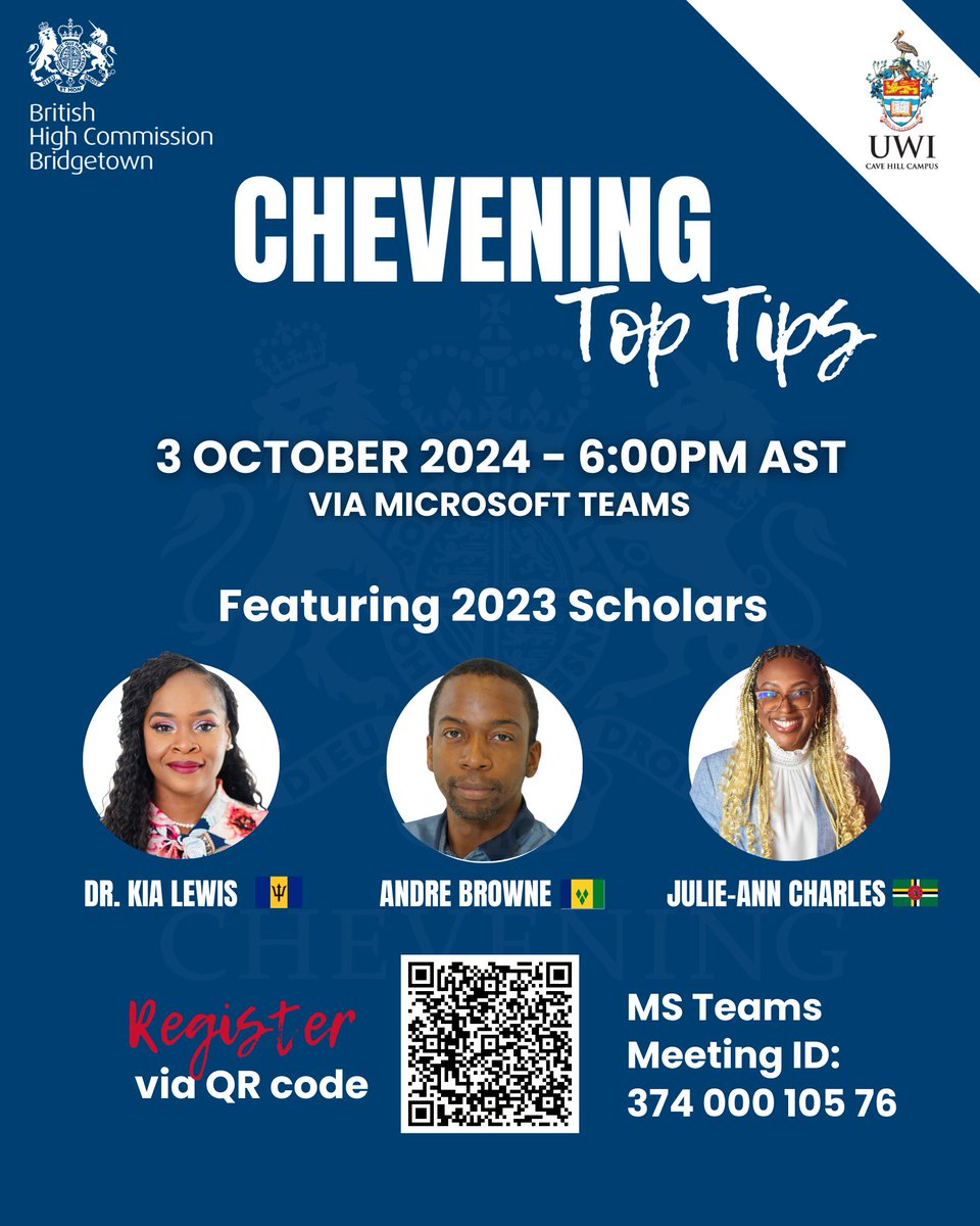 UKinCaribbean's tweet image. On 3 October 2024 join us along with 3 of our 2023 scholars &amp;amp; the UWI team as we spill all the secrets and tips to help boost your Chevening application! 

Register here for event: shorturl.at/of02K

#Chevening #InfoSession #UKinCaribbean