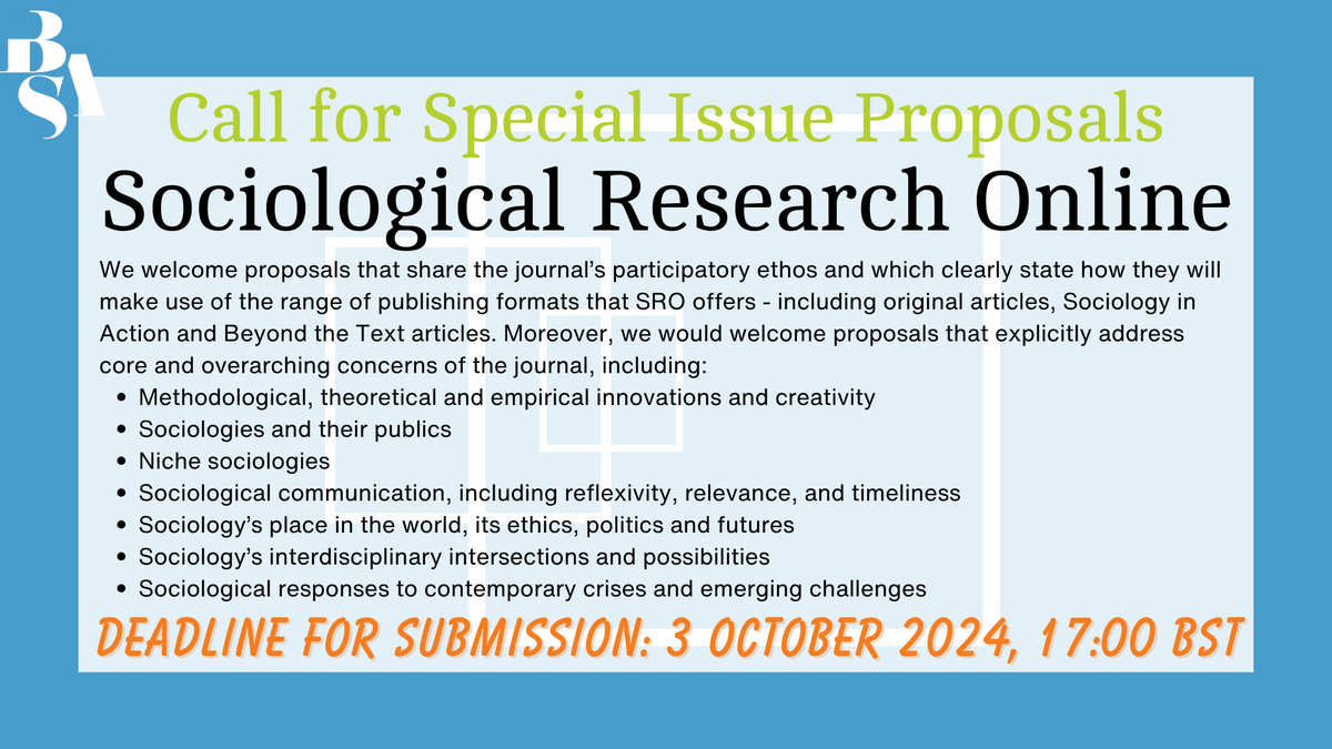 📣Call for Special Issue Proposals📣
DEADLINE APPROACHING!

Do you want to be the next guest editorial team for SRO? Submit your special issue proposal now!

The full call can be found below. Deadline 3 October 17:00 BST
britsoc.co.uk/media/26599/sr…