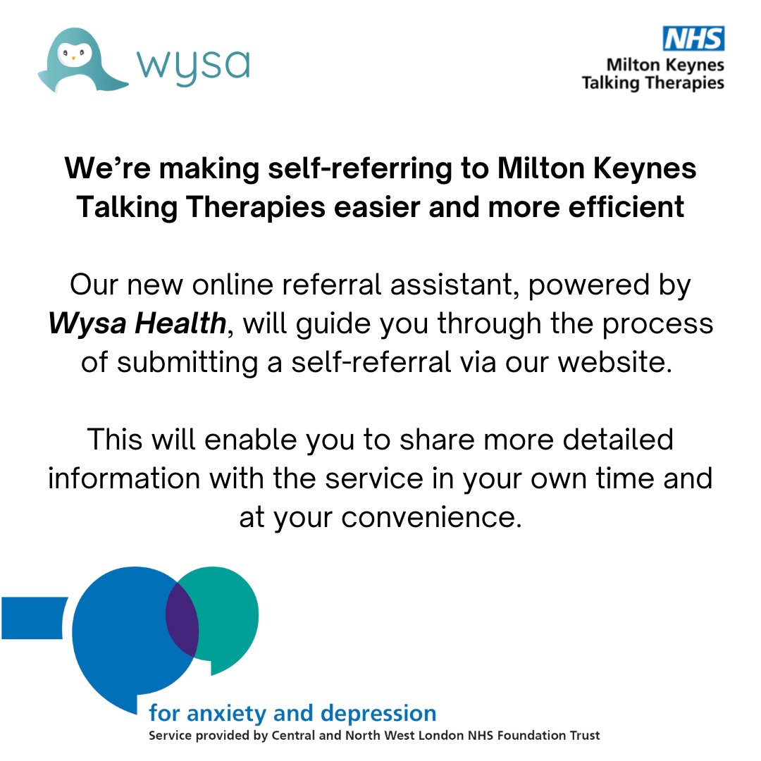 We’re making self-referring to Milton Keynes Talking Therapies easier and more efficient with the introduction of our brand new, AI-powered referral chat bot.

Head to: mktalkingtherapies.nhs.uk to take a look at Wysa for yourself.

#mktalkingtherapies #talkingtherapies #NHS