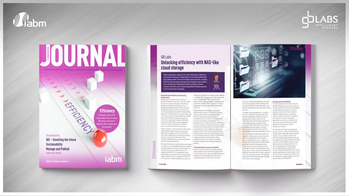 GB_Labs's tweet photo. Thanks @IABM for this article by our CEO and CTO Dominic Harland, which discusses the dual challenges facing media organizations and the latest NAS like cloud technology solutions.
Discover more:
https://t.co/QiIDsuvxtf pages 48/49
#intelligentstorage #nebulanas https://t.co/A47jLrPQec