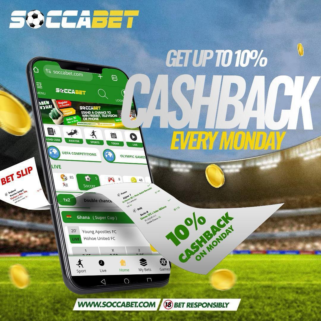 Cashback 10% on Monday bets with soccabet #CashbackWithSoccabet