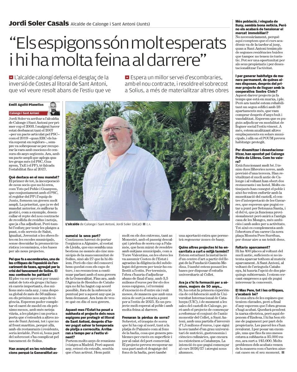 Jordi Soler Casals (@jsoleralcalde) on Twitter photo Us comparteixo la meva entrevista publicada dissabte a <a href="/elpunt/">El Punt Avui Girona</a>.
Encetem un nou curs amb nous projectes i millores en els serveis.
<a href="/ajuntcalonge/">Ajuntament de Calonge i Sant Antoni</a> Us comparteixo la meva entrevista publicada dissabte a <a href="/elpunt/">El Punt Avui Girona</a>.
Encetem un nou curs amb nous projectes i millores en els serveis.
<a href="/ajuntcalonge/">Ajuntament de Calonge i Sant Antoni</a>
