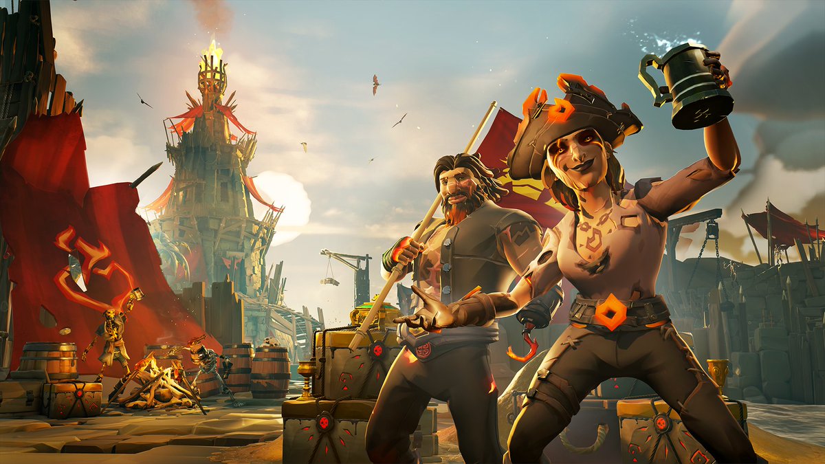 SeaOfThieves's tweet photo. Season 13 Community Weekend has finished, meaning it's time for us to thank you all for helping fire 24,290,333 cannonballs, cronching 4,125,539 bananas, smashing 23,946,110 skeletons and earning a stunning 178,261,002,567 gold! Oh, and for munching 1,878 Burnt Grubs... Cheers! https://t.co/oco7Aj6Z0F