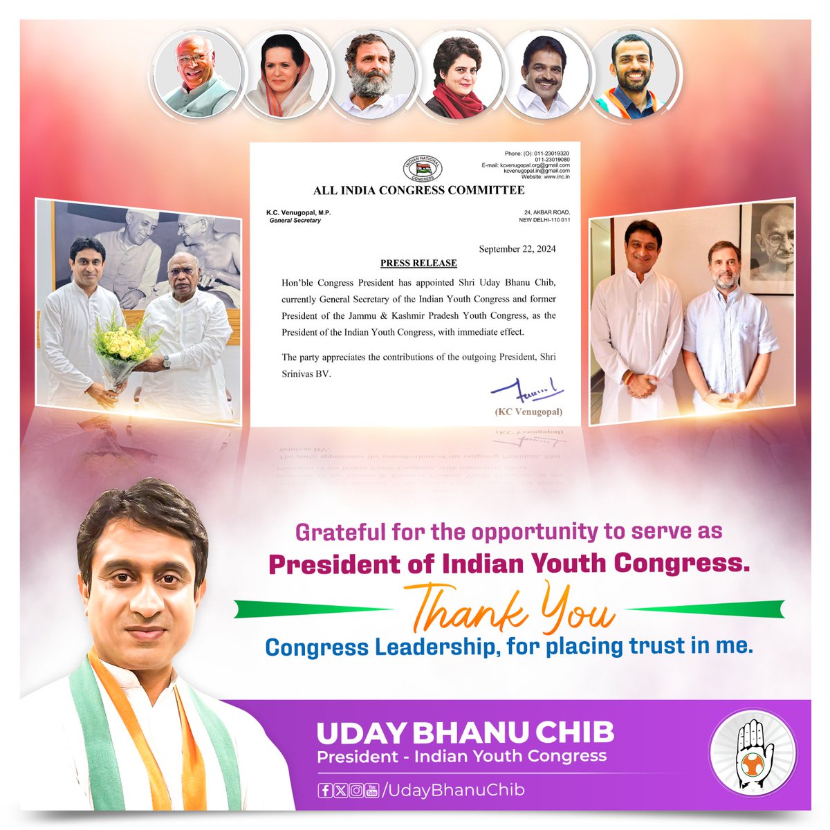Uday Bhanu Chib (@udaybhanuiyc) on Twitter photo 𝐎𝐯𝐞𝐫𝐰𝐡𝐞𝐥𝐦𝐞𝐝 𝐰𝐢𝐭𝐡 𝐠𝐫𝐚𝐭𝐢𝐭𝐮𝐝𝐞, 𝐝𝐞𝐞𝐩𝐥𝐲 𝐡𝐮𝐦𝐛𝐥𝐞𝐝 𝐛𝐲 𝐭𝐡𝐞 𝐭𝐫𝐮𝐬𝐭 𝐩𝐥𝐚𝐜𝐞𝐝 𝐢𝐧 𝐦𝐞 𝐛𝐲 𝐂𝐨𝐧𝐠𝐫𝐞𝐬𝐬 𝐥𝐞𝐚𝐝𝐞𝐫𝐬𝐡𝐢𝐩, 𝐚𝐧𝐝 𝐭𝐡𝐚𝐧𝐤𝐟𝐮𝐥 𝐟𝐨𝐫 𝐭𝐡𝐞 𝐨𝐩𝐩𝐨𝐫𝐭𝐮𝐧𝐢𝐭𝐲 𝐭𝐨 𝐬𝐞𝐫𝐯𝐞 🙏
<a href="/IYC/">Indian Youth Congress</a> <a href="/kharge/">Mallikarjun Kharge</a> <a href="/RahulGandhi/">Rahul Gandhi</a> 𝐎𝐯𝐞𝐫𝐰𝐡𝐞𝐥𝐦𝐞𝐝 𝐰𝐢𝐭𝐡 𝐠𝐫𝐚𝐭𝐢𝐭𝐮𝐝𝐞, 𝐝𝐞𝐞𝐩𝐥𝐲 𝐡𝐮𝐦𝐛𝐥𝐞𝐝 𝐛𝐲 𝐭𝐡𝐞 𝐭𝐫𝐮𝐬𝐭 𝐩𝐥𝐚𝐜𝐞𝐝 𝐢𝐧 𝐦𝐞 𝐛𝐲 𝐂𝐨𝐧𝐠𝐫𝐞𝐬𝐬 𝐥𝐞𝐚𝐝𝐞𝐫𝐬𝐡𝐢𝐩, 𝐚𝐧𝐝 𝐭𝐡𝐚𝐧𝐤𝐟𝐮𝐥 𝐟𝐨𝐫 𝐭𝐡𝐞 𝐨𝐩𝐩𝐨𝐫𝐭𝐮𝐧𝐢𝐭𝐲 𝐭𝐨 𝐬𝐞𝐫𝐯𝐞 🙏
<a href="/IYC/">Indian Youth Congress</a> <a href="/kharge/">Mallikarjun Kharge</a> <a href="/RahulGandhi/">Rahul Gandhi</a>