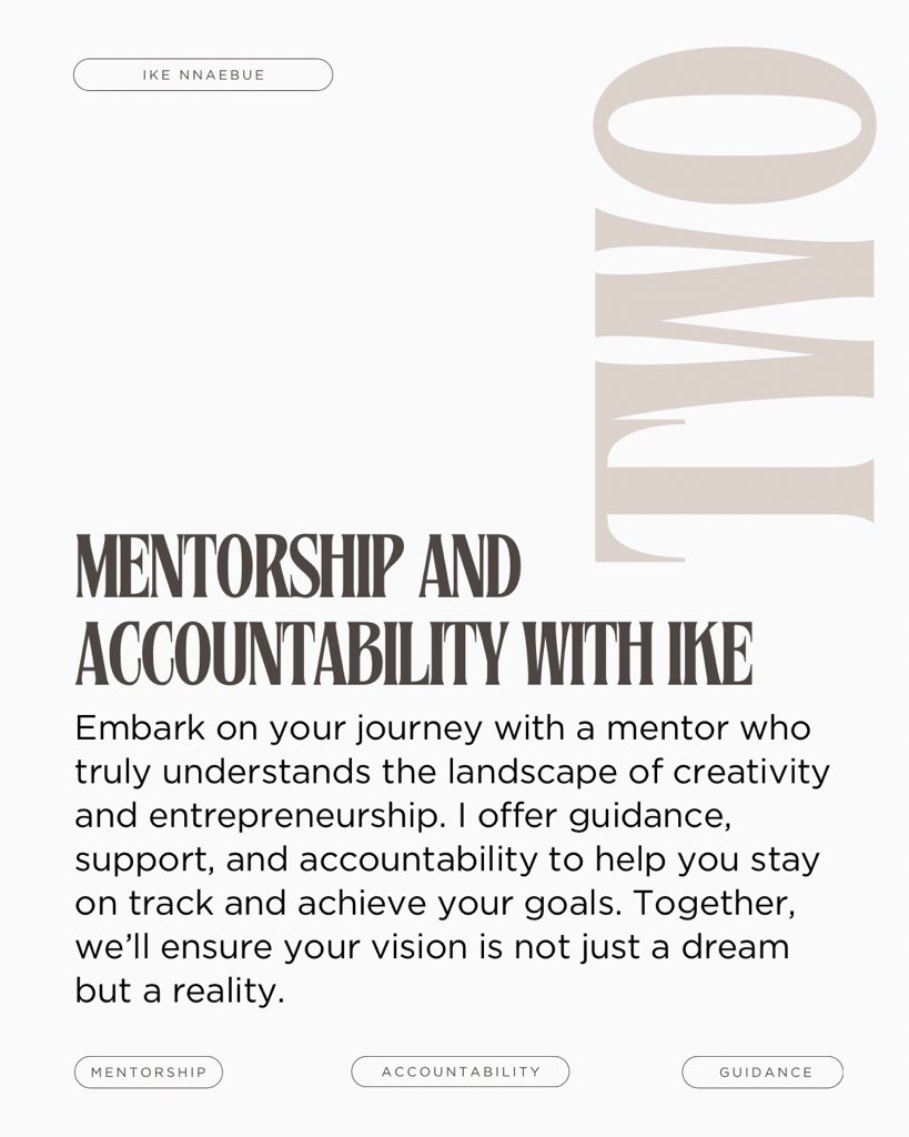 ikennaebue's tweet photo. 2ï¸âƒ£ Mentorship &amp; Accountability with Ike Nnaebue
Embark on your journey with a mentor who understands the landscape of creativity and entrepreneurship. I offer guidance, support, and accountability to help you stay on track and achieve your goals. https://t.co/jfP8loGixG