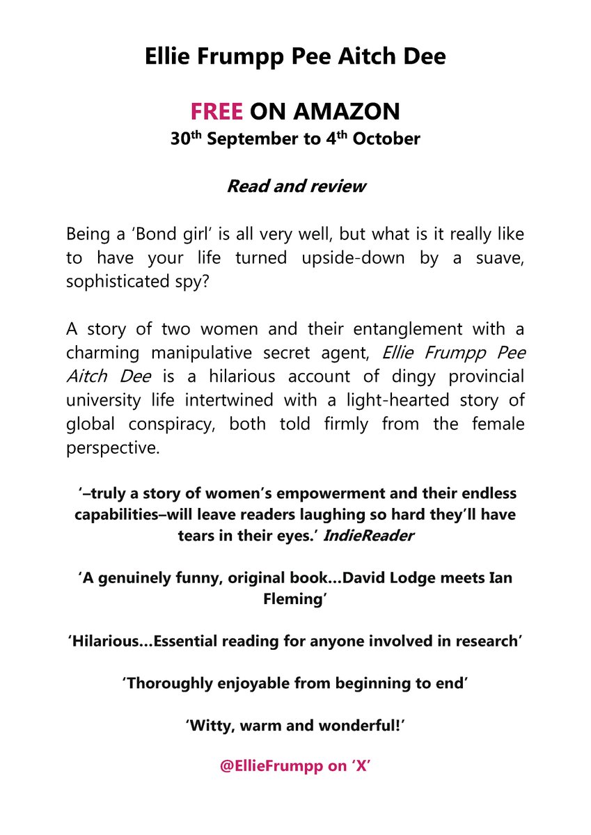 EllieFrumpp's tweet image. #BondFan #SpySpoof #SpyRomance #Ebook
#Ebooks #Books
ELLIE FRUMPP PEE AITCH DEE  
&apos;Yes, my name is Frumpp; Frumpp by name, frump by nature, I’ve heard it all before. Yes, and people have made the connection between me and the largest land mammal on Earth.&apos;  

Free 30-Sep Amazon