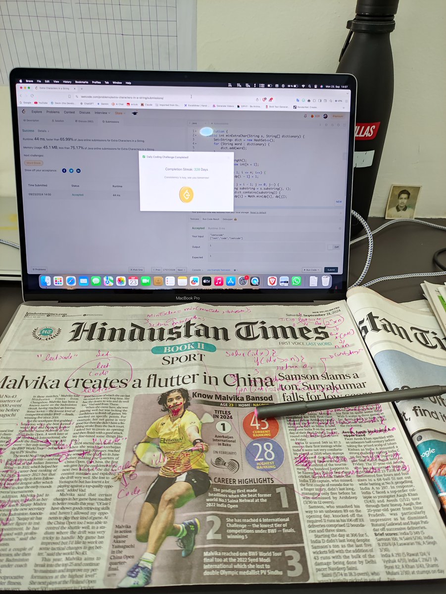 hi_malik_'s tweet photo. Didn't find any Notebook to solve today's @LeetCode problem

So, I solved it in the newspaper....😅

"All the support for Malvika Bansod, playing well against China."

Okay, here's my suggestions to all fellow @LeetCode community members.

1. Whenever you are solving any @LeetCode problem. First build the logic on a piece of paper and dry run the code using pen and paper

2. Once you find out the solution in your own way. Then only start coding.

3. Highly recommended, maintain a notebook 📓 so that you can keep a track of all your @LeetCode or @geeksforgeeks problem you have solved till yet. Because for example if you forgot a problem solution in future (which is very common). You can revisit and see the logic implementation and code you have written.

And if you have any doubts let me know in the #comment box. I will be happy to guide you....

Keep Grinding, Keep Pushing, Keep Growing

#leetcode #leetcodeproblem #dsa #potd #gfg #codeforces #codechef