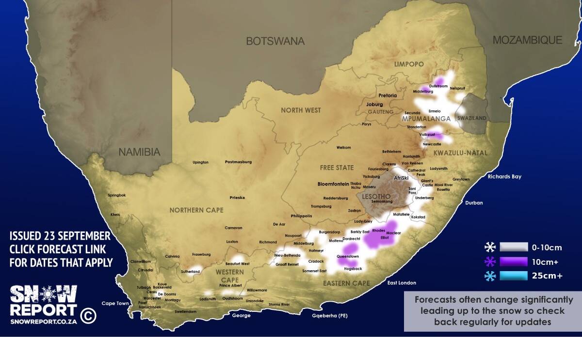 SnowReportSA's tweet photo. ❄ ADVANCE SNOW FORECAST MAP CORRECTION: More heavy snowfall possible from this coming weekend - https://t.co/qs5oMScTA4 #snowreportsa #africansnow #kznsnow https://t.co/RXof2gcGh3