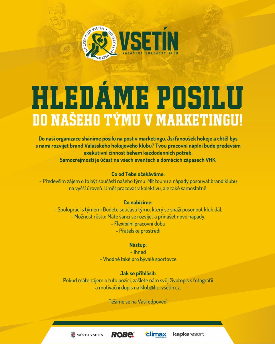 Tomas Janca (@tomas_janca) on Twitter photo .<a href="/VHK_Vsetin/">VHK ROBE Vsetín</a> hledá markeťáka!
Tohle je velmi dobrá kariérní šance ve sportu pro lidi z Moravy. Velký brand, silní partneři v zádech a ve Vsetíně mají velké plány, takže kdo chce být u toho, má šanci. .<a href="/VHK_Vsetin/">VHK ROBE Vsetín</a> hledá markeťáka!
Tohle je velmi dobrá kariérní šance ve sportu pro lidi z Moravy. Velký brand, silní partneři v zádech a ve Vsetíně mají velké plány, takže kdo chce být u toho, má šanci.