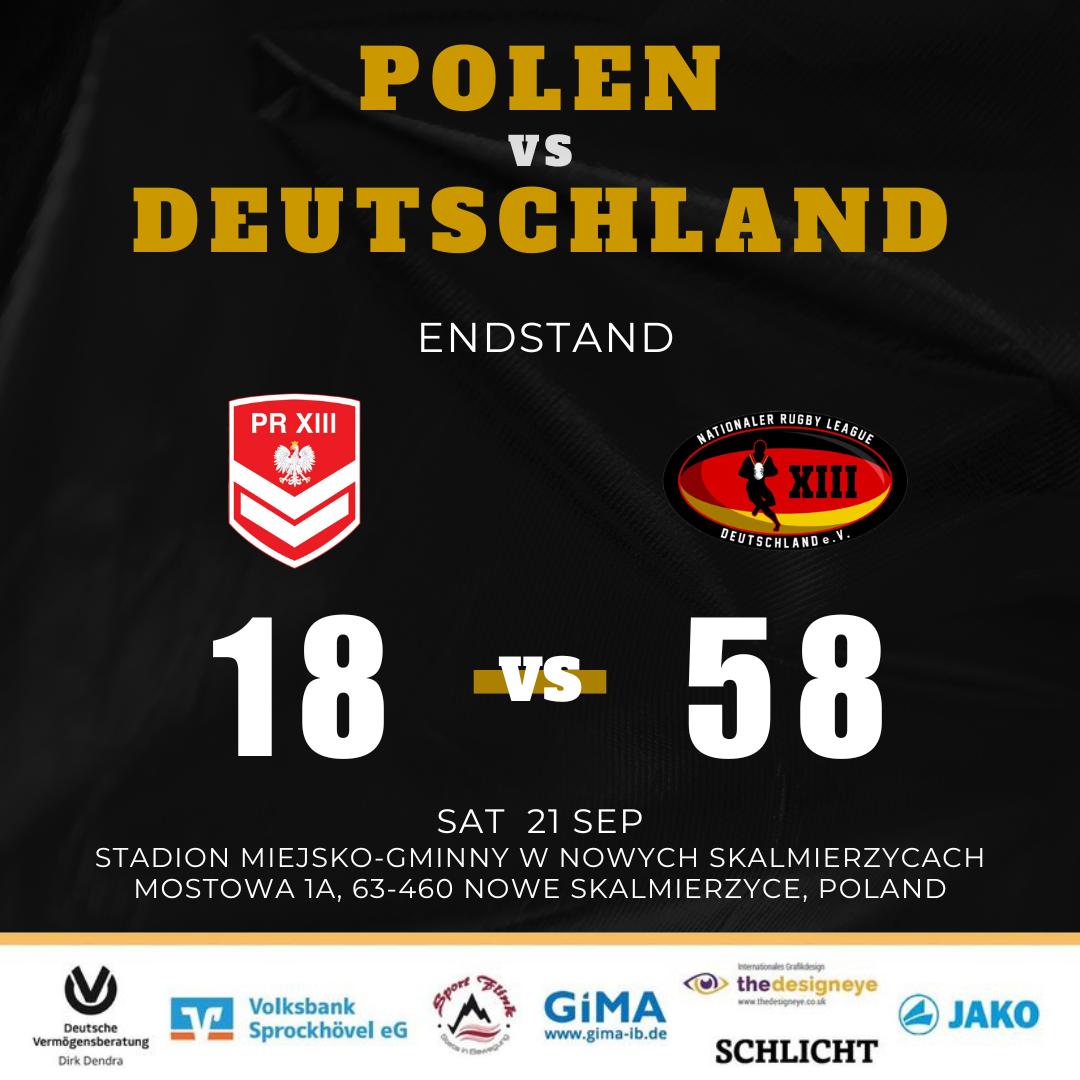 Endstand zwischen Polen und Deutschland. Eine starke Leistung der deutschen Dreizehn mit zahlreichen Neuzugänge gegen tapfere Polen! Vielen Dank an <a href="/PolskaRL/">Rugby League Polska</a> für die tolle Gastfreundschaft. Wir freuen uns auf das Aufeinandertreffen nächstes Jahr in Deutschland!