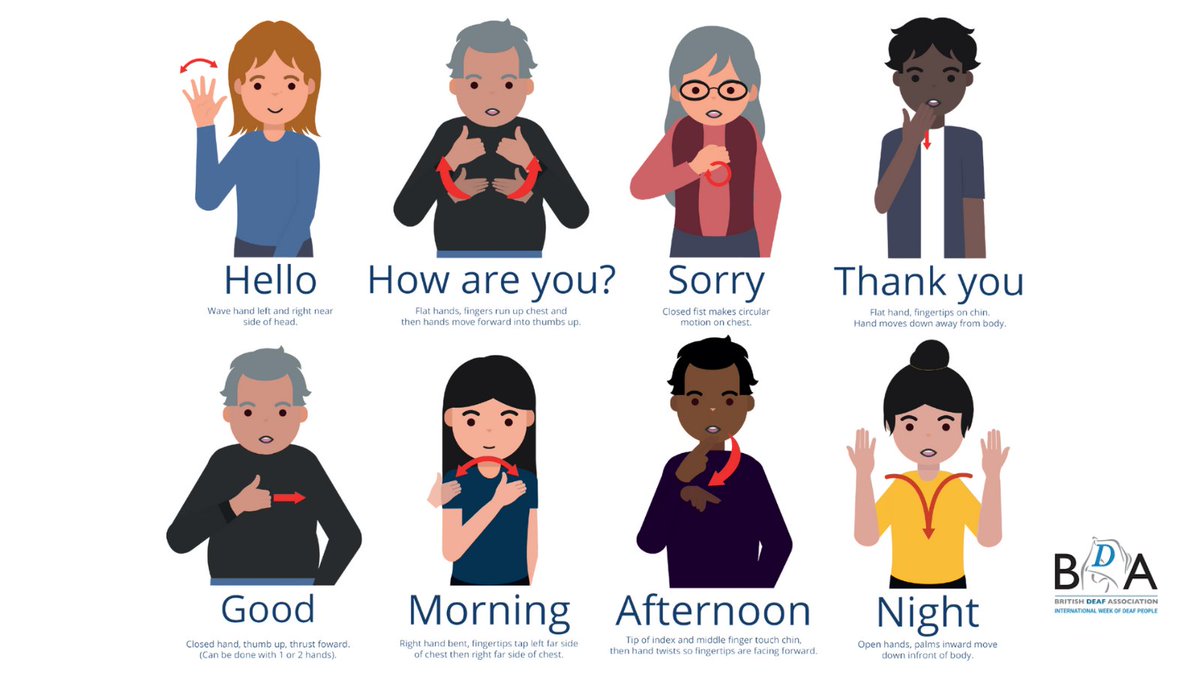 Happy International Day of #SignLanguages and International Week of #DeafPeople! 

We're supporting <a href="/BDA_Deaf/">British Deaf Association</a> with promoting #BSL as an indigenous UK language and encouraging more people to learn it. 

Some common greetings below🧏‍♂️and more info about #BSLInOurHands👇