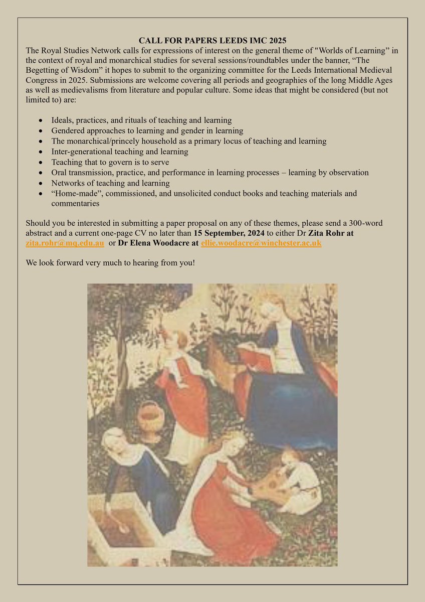 This is your friendly (and last) reminder that the CFP for the RSN's panels at <a href="/IMC_Leeds/">IMC_Leeds</a> 2025 closes 🌟 tomorrow 🌟 ! Be sure to get your submission to <a href="/monarchyconf/">Dr Elena 'Ellie' Woodacre</a> and/or <a href="/yolandedaragon/">Zita Rohr</a> via email by the end of the day on September 25. More details in the full CFP below 👇