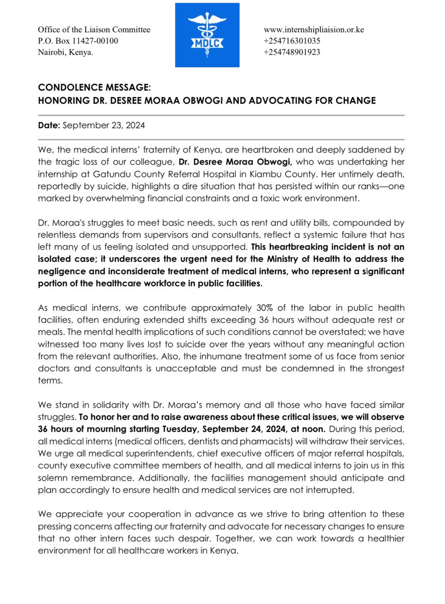 Medical Intern (@theintern254) on Twitter photo Medical interns Liason committee announce a NATIONWIDE GO SLOW as they Mourn and seek #JusticeforDrMoraa the interns will withdraw their service tomorrow 24th September from 12 noon for 36 hrs. Rest in peace Dr. DESREE MORAA <a href="/KenyaGovernors/">Council of Governors</a> <a href="/KmpdcOfficial/">Kenya Medical Practitioners and Dentists Council</a> <a href="/MOH_Kenya/">Ministry of Health</a> <a href="/kmpdu/">KMPDU</a> Medical interns Liason committee announce a NATIONWIDE GO SLOW as they Mourn and seek #JusticeforDrMoraa the interns will withdraw their service tomorrow 24th September from 12 noon for 36 hrs. Rest in peace Dr. DESREE MORAA <a href="/KenyaGovernors/">Council of Governors</a> <a href="/KmpdcOfficial/">Kenya Medical Practitioners and Dentists Council</a> <a href="/MOH_Kenya/">Ministry of Health</a> <a href="/kmpdu/">KMPDU</a>