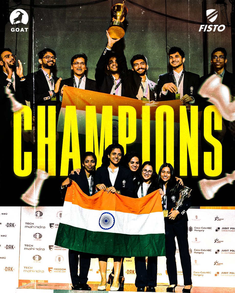 Double Delight for India!🥳🔥

Men's &amp; Women's teams clinch GOLD at Chess Olympiad 2024!🥇🇮🇳

#chessolympiad #2024 #chessindia #praggnanandhaa #gukesh #arjunerigaisi #vaishali #chess #teamindia #congratulations #gold #historycreated