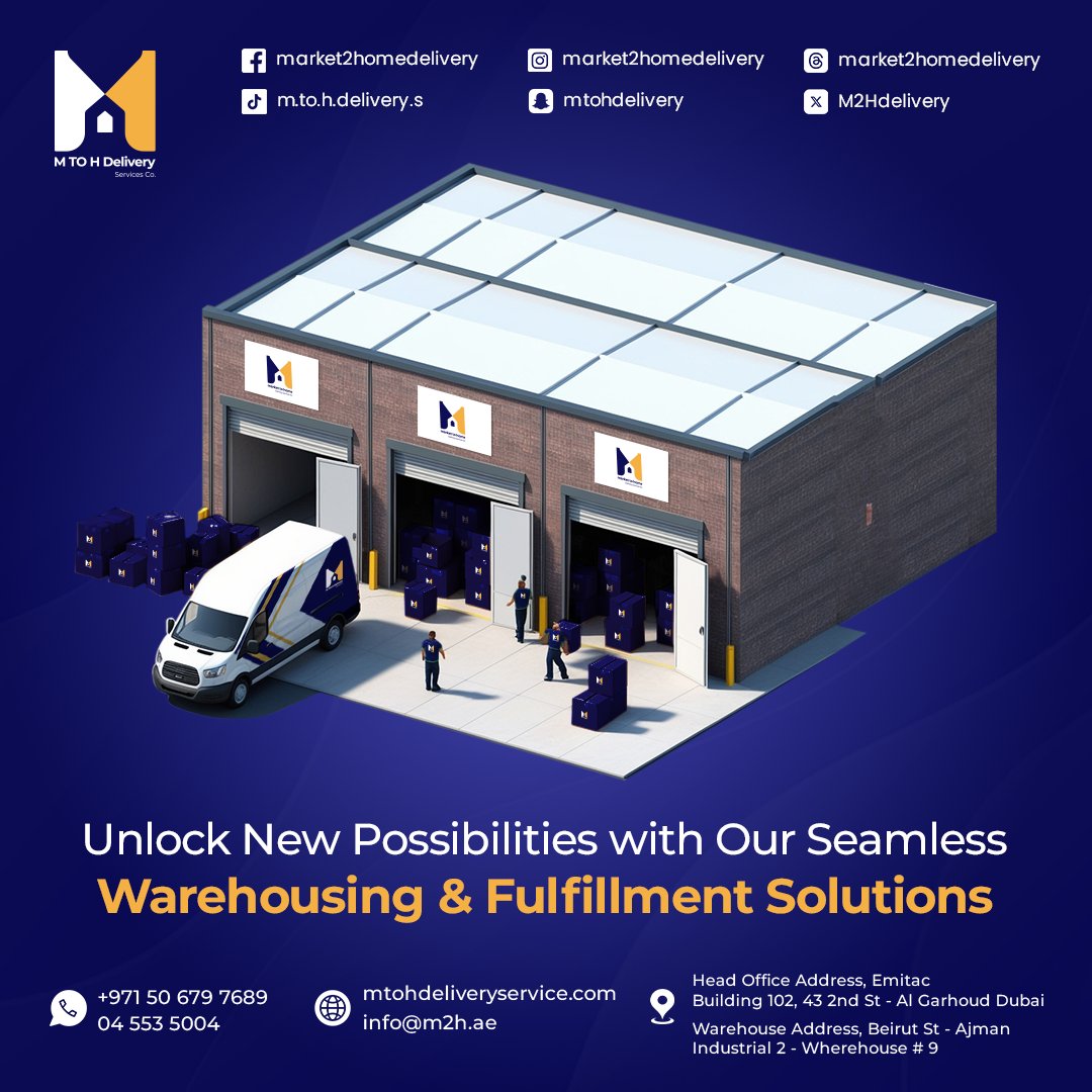 M2Hdelivery's tweet image. Unlock new growth opportunities with M to H Delivery Service Co.! From efficient warehousing to fast courier and freight delivery across the UAE .
.
.
.
.
#WarehousingSolutions #FulfillmentServices #CourierAndFreight #LogisticsExperts #UAELogistics #FastDelivery #ReliableShipping