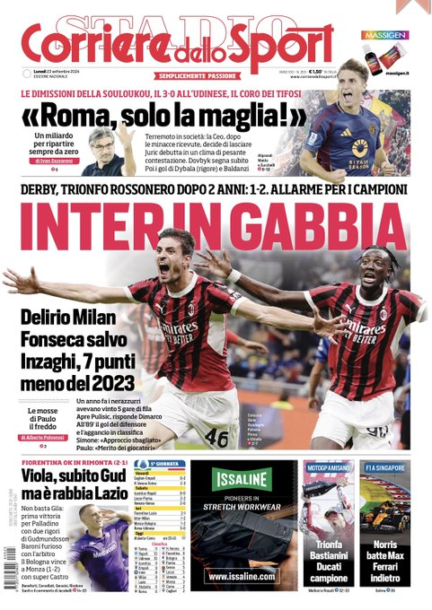 Guillaumemp's tweet photo. Les Unes de la presse sportive italienne ce lundi, avec un thème principal en Une : la victoire de Milan face à l'Inter dans le derby 🗞️ https://t.co/6hlmc7jMlO