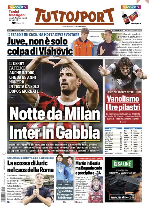 Guillaumemp's tweet photo. Les Unes de la presse sportive italienne ce lundi, avec un thème principal en Une : la victoire de Milan face à l'Inter dans le derby 🗞️ https://t.co/6hlmc7jMlO