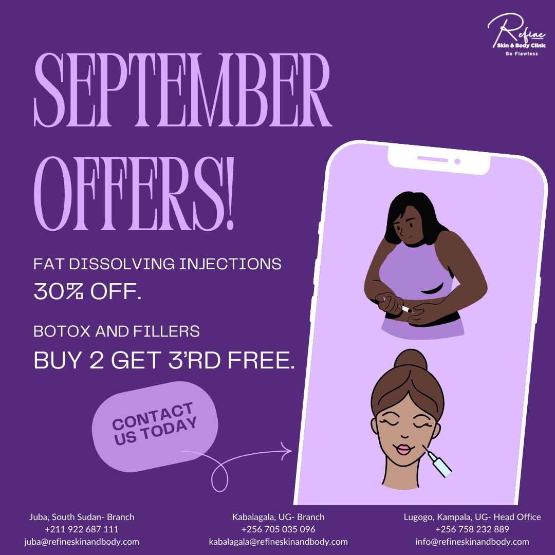 RefineClinicUG's tweet photo. ✅ 30% OFF Fat Dissolving Injections ✅ Buy 2 Get the 3rd Free on Botox & Fillers
It's time to treat yourself and feel confident this season!
#SeptemberSpecials #FatDissolvingInjections #BotoxAndFillers #BeautyDeals #RefineSkinBody #botox #fillers #dermalfillers #uganda #kampala https://t.co/wiG6NlTr0X