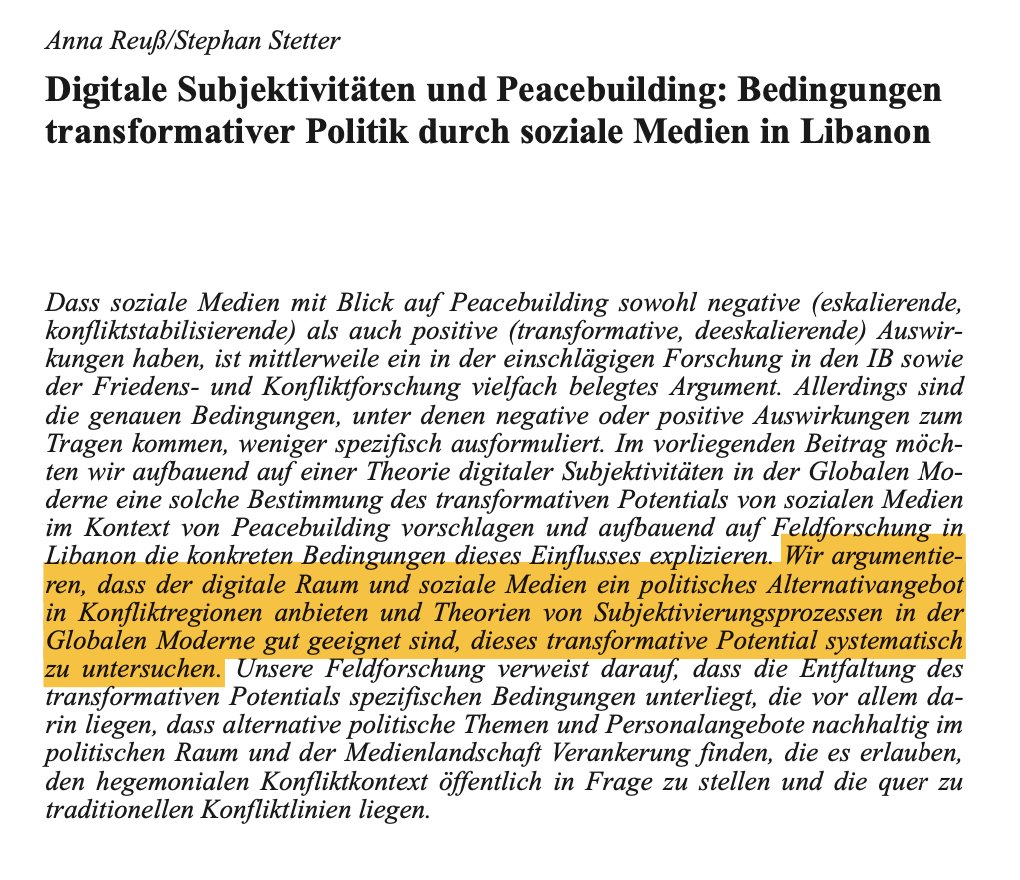 ZIB (@zibjournal) on Twitter photo Unter welchen Bedingungen haben soziale Medien eine transformative Wirkung auf #Peacebuilding? Diese Frage untersuchen <a href="/anna_reuss/">Anna Reuß</a> und Stephan Stetter in der #zib 1/24 anhand ihrer Feldforschung im #Libanon. Unter welchen Bedingungen haben soziale Medien eine transformative Wirkung auf #Peacebuilding? Diese Frage untersuchen <a href="/anna_reuss/">Anna Reuß</a> und Stephan Stetter in der #zib 1/24 anhand ihrer Feldforschung im #Libanon.