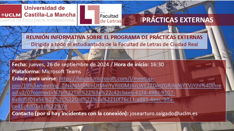 Facultad Letras UCLM (@deletras_uclm) on Twitter photo ⚠️ ¡Abierta la primera convocatoria de Prácticas Externas! 
❔Si estáis interesados, no dudéis en conectaros a la reunión de Teams el próximo 26 de septiembre:  teams.microsoft.com/l/meetup-join/… ⚠️ ¡Abierta la primera convocatoria de Prácticas Externas! 
❔Si estáis interesados, no dudéis en conectaros a la reunión de Teams el próximo 26 de septiembre:  teams.microsoft.com/l/meetup-join/…