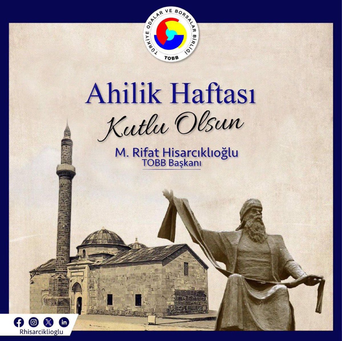 ✔️Eline ✔️Diline ✔️Beline sahip ol

✔️Kalbini✔️Kapını ✔️Alnını açık tut

✔️Eş ✔️İş ✔️Aşına özen göster

Ahi Evran-ı Veli'yi rahmetle yad ederken #AhilikHaftası'nı kutluyorum. Alın ve akıl teriyle Türkiye’ye güç katan herkese bereketli, hayırlı kazançlar dilerim.